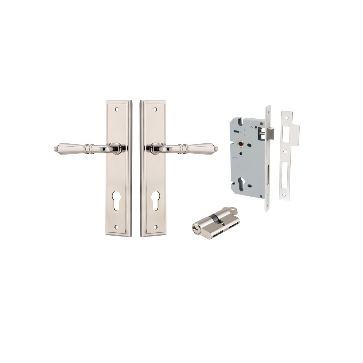 Pair of Iver Sarlat lever handles on stepped backplates, showcasing elegant brass hardware for interior doors.