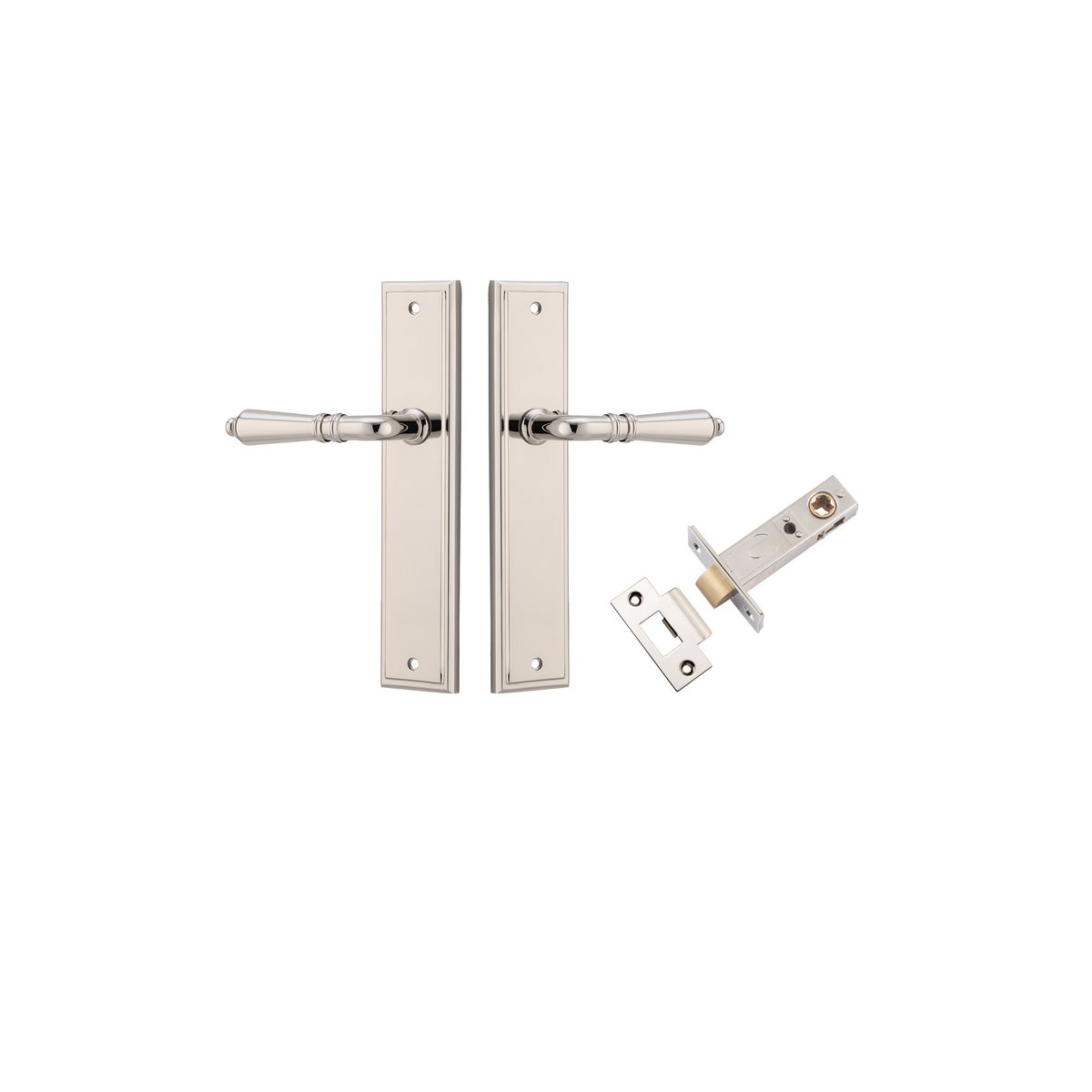 Pair of Iver Sarlat lever handles on stepped backplates, showcasing elegant door hardware with a polished finish.