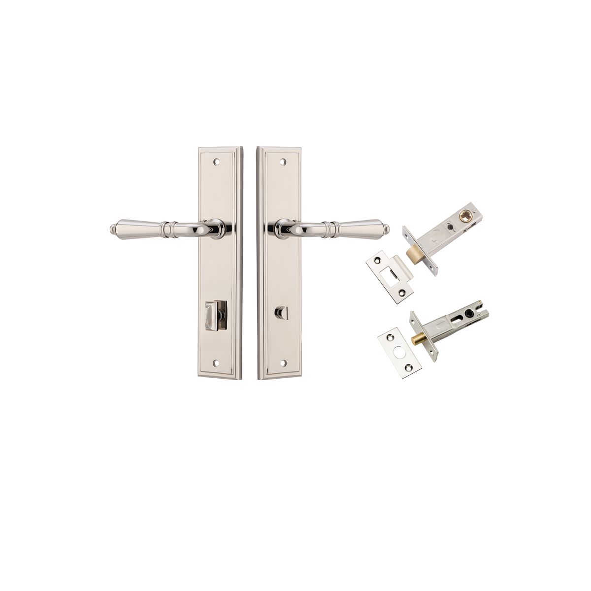 Pair of Iver Sarlat lever handles with stepped backplate, featuring a sleek, modern design in a polished finish.