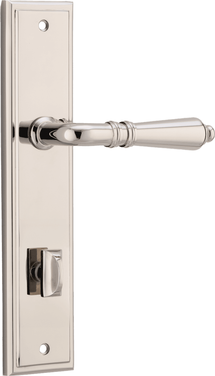 Pair of Iver Sarlat lever door handles on stepped backplate, showcasing elegant design and polished finish.