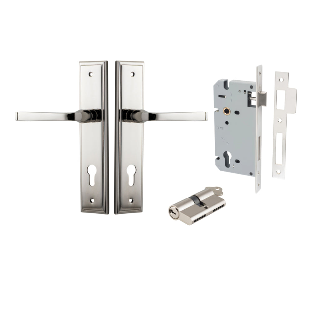 Door Lever Annecy Stepped Euro Polished Nickel CTC85mm H240xW50xP65mm Entrance Kit Mortice Lock Euro Polished Nickel CTC85mm Backset 60mm, Euro Cylinder Dual Function 5 Pin Polished Nickel L65mm KA1 in Polished Nickel