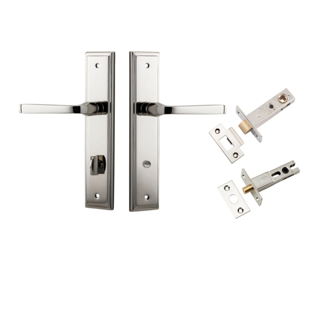 Door Lever Annecy Stepped Privacy Polished Nickel CTC85mm H240xW50xP65mm Inbuilt Privacy Kit Tube Latch Split Cam 'T' Striker Polished Nickel Backset 60mm, Privacy Bolt Round Bolt Polished Nickel Backset 60mm in Polished Nickel