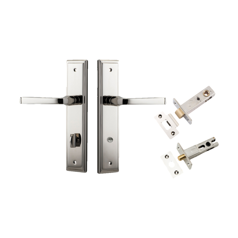 Door Lever Annecy Stepped Privacy Polished Nickel CTC85mm H240xW50xP65mm Inbuilt Privacy Kit Tube Latch Split Cam 'T' Striker Polished Nickel Backset 60mm, Privacy Bolt Round Bolt Polished Nickel Backset 60mm in Polished Nickel