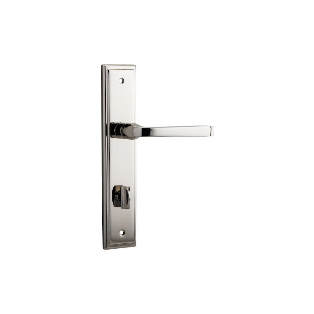 Pair of Iver Annecy lever handles on stepped backplates, featuring elegant design and polished finish for interior doors.