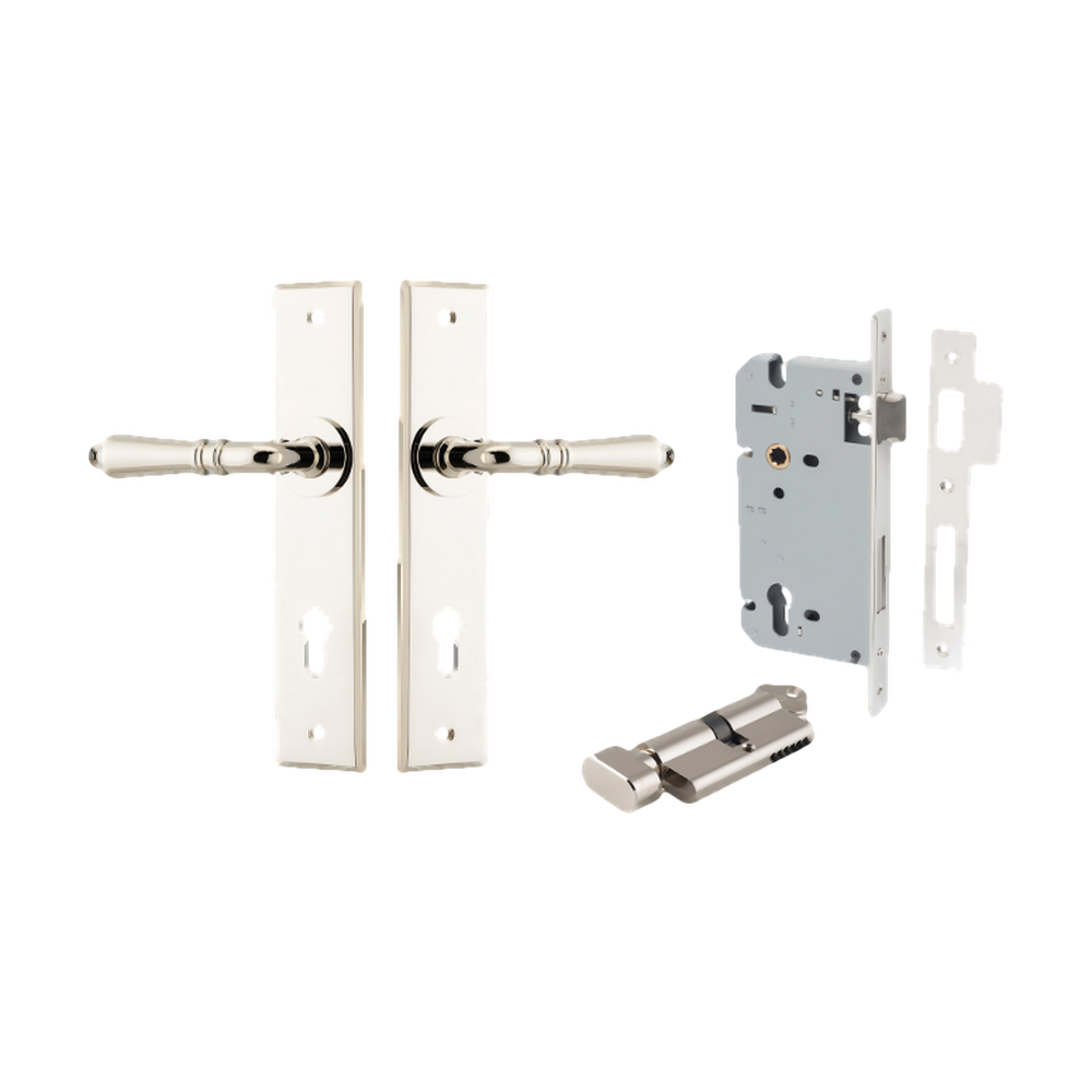 Door Lever Sarlat Chamfered Euro Pair Polished Nickel CTC85mm L111xP55mm BPH240xW50mm Mortice Lock Euro Polished Nickel CTC85mm Backset 60mm, Euro Cylinder Key Thumb 5 Pin Polished Nickel 65mm KA4 in Polished Nickel