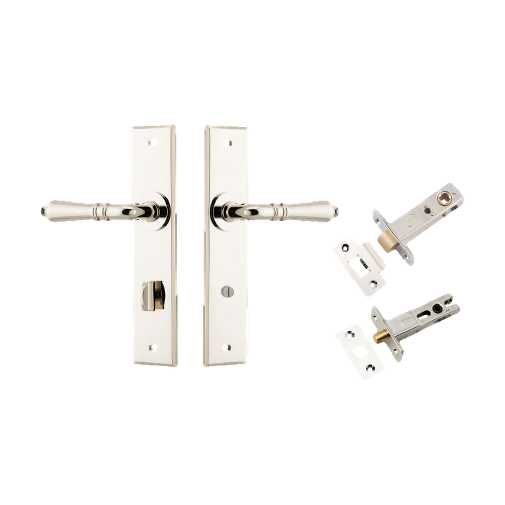 Door Lever Sarlat Chamfered Privacy Polished Nickel CTC85mm L111xP55mm BPH240xW50mm Privacy Kit Tube Latch Split Cam 'T' Striker Polished Nickel Backset 60mm, Privacy Bolt Round Bolt Polished Nickel Backset 60mm in Polished Nickel