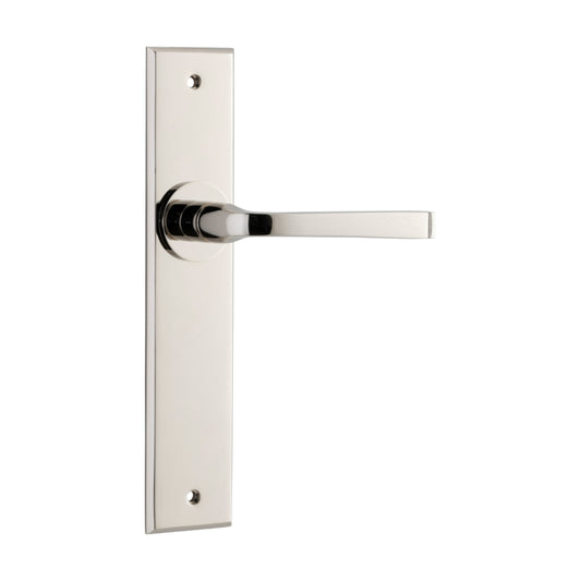 Door Lever Annecy Chamfered Latch Polished Nickel H240xW50xP65mm in Polished Nickel