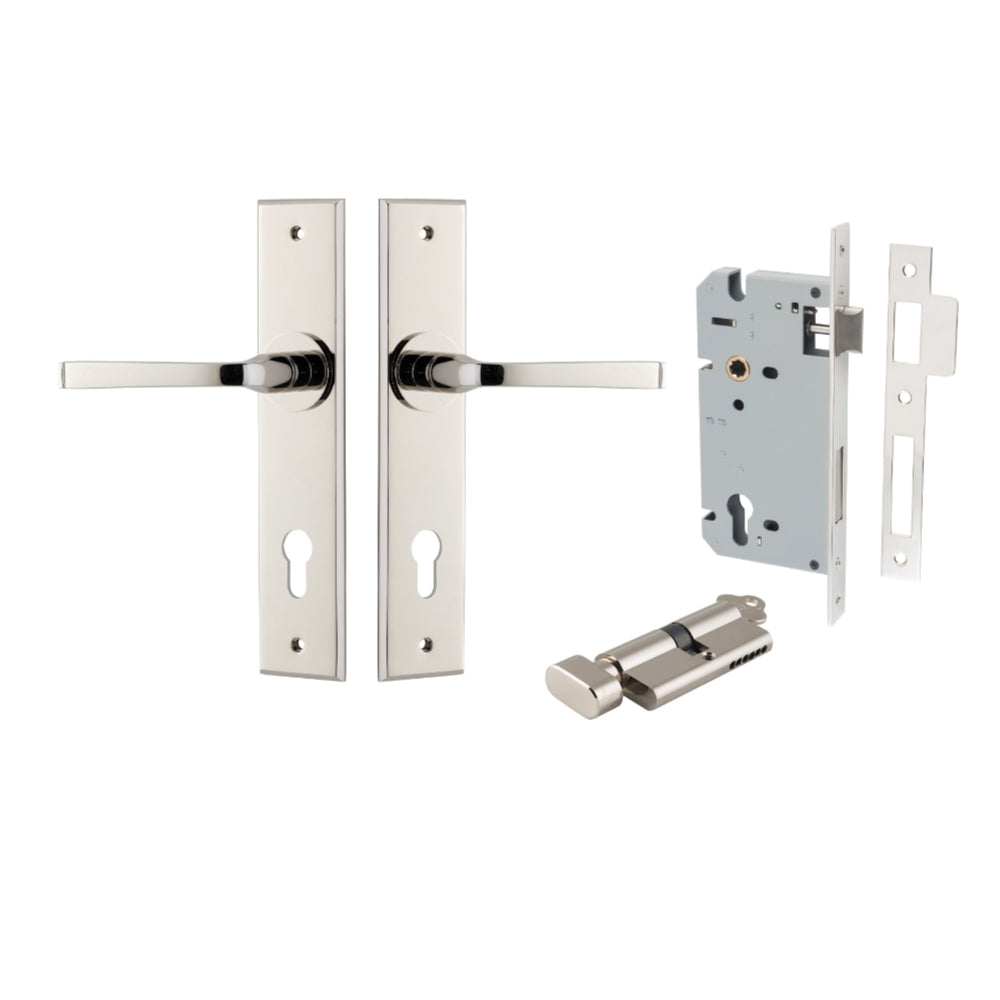 Pair of Iver Annecy lever door handles with chamfered backplates, showcasing sleek metal design and modern hardware craftsmanship.