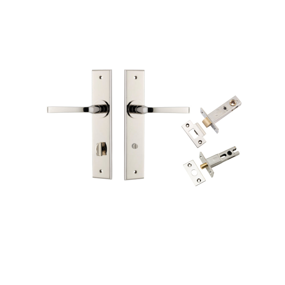 Pair of Iver Annecy lever door handles with chamfered backplates, shown in a polished finish on a modern hardware image.