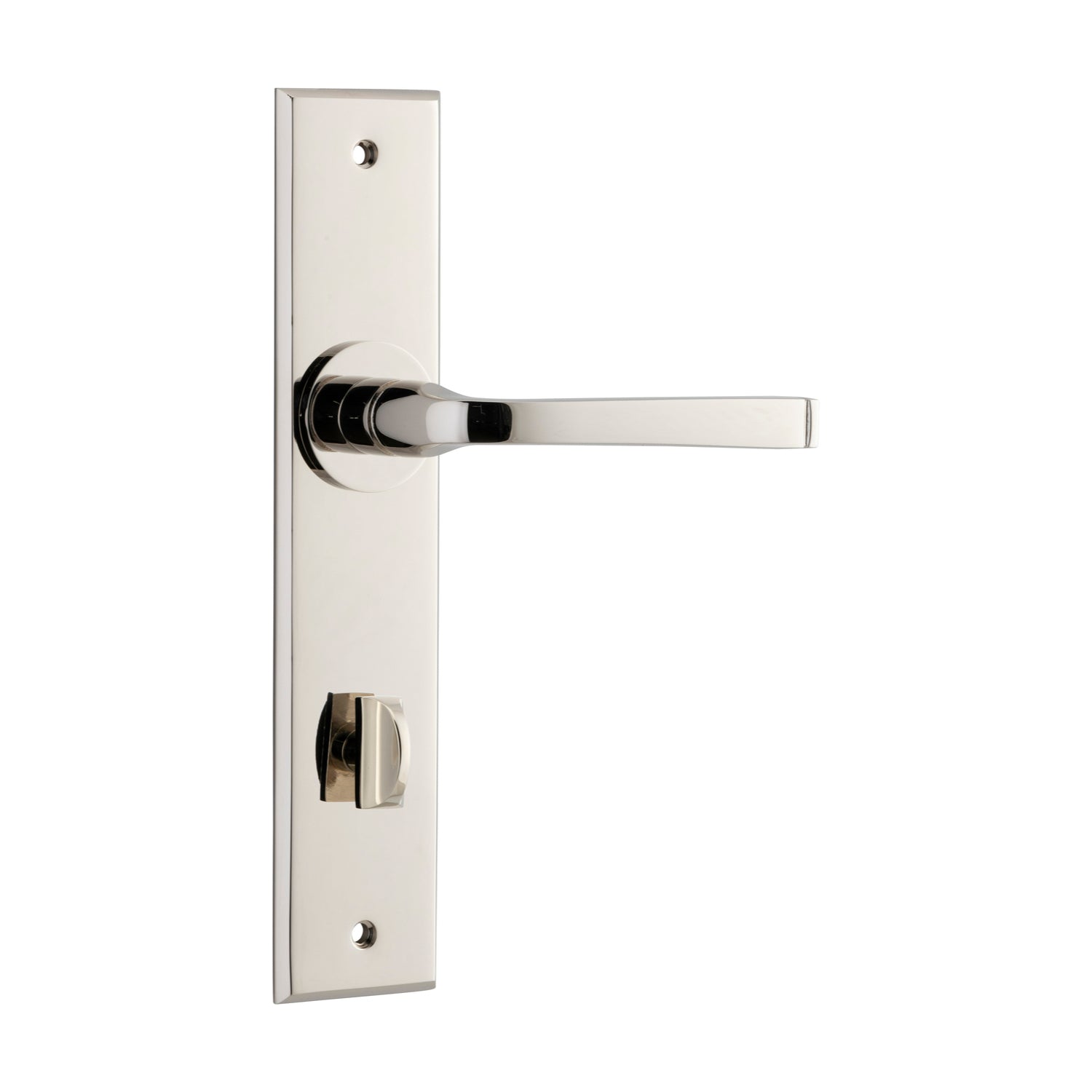 Pair of Iver Annecy lever handles on chamfered backplates for interior doors, showcasing elegant design and polished finish.