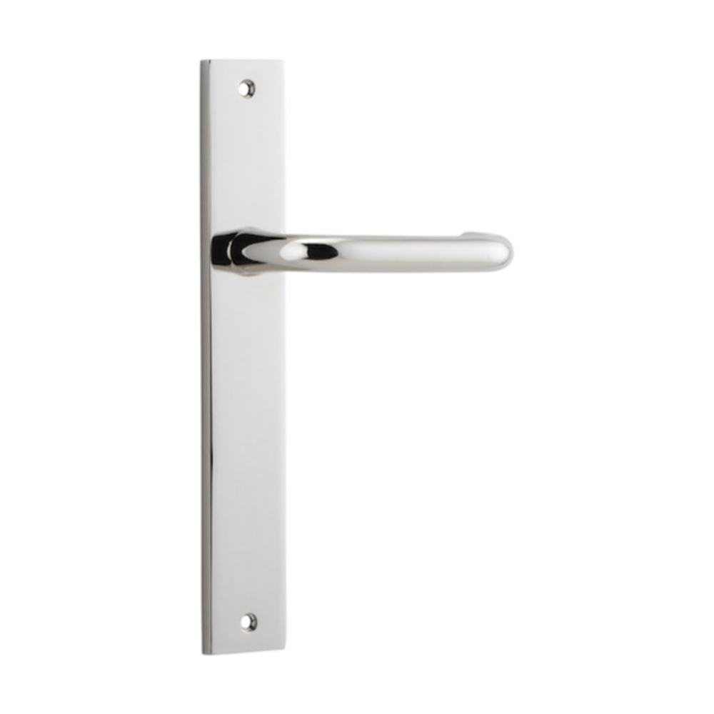 Pair of Iver Oslo Lever handles on rectangular backplates, architectural hardware for doors, in a sleek modern design.