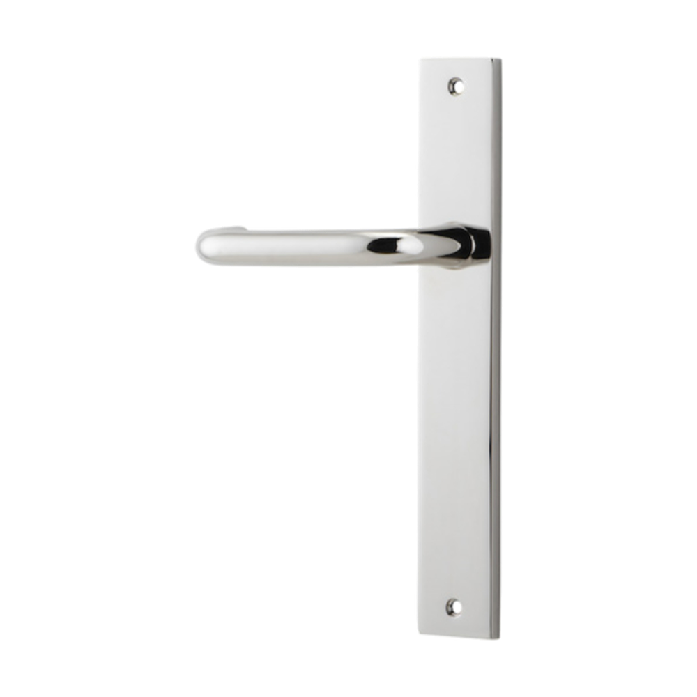 Pair of Iver Oslo Lever handles on rectangular backplates, architectural hardware for doors, shown in a close-up view.