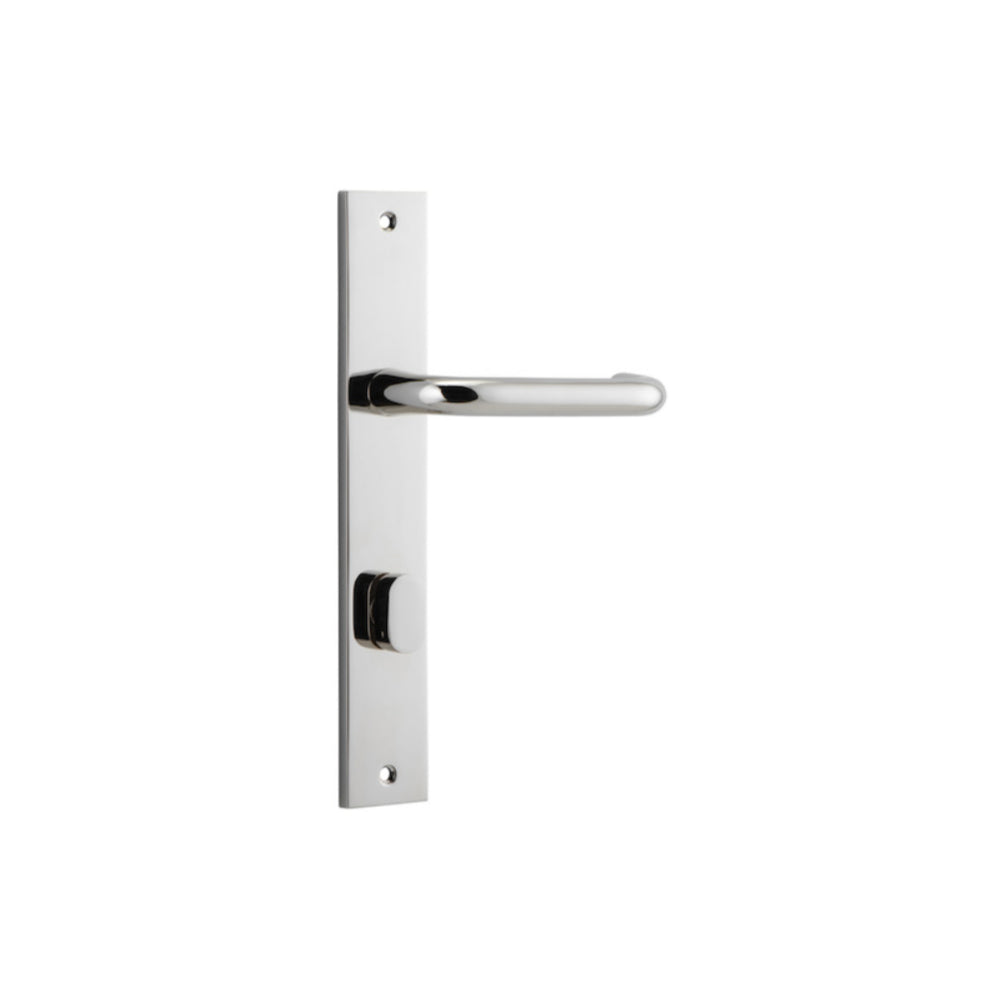 Door Lever Oslo Return Rectangular Privacy Polished Nickel CTC85mm L118xP56mm BPH240xW50mm Privacy Kit, Tube Latch Split Cam 'T' Striker Polished Nickel Backset 60mm, Privacy Bolt Round Bolt Polished Nickel Backset 60mm in Polished Nickel