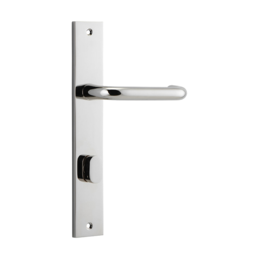 Pair of Iver Oslo lever handles on rectangular backplates, showcasing sleek architectural hardware design.
