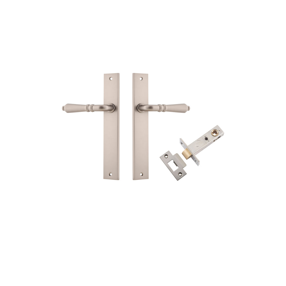 Pair of Iver Sarlat lever handles with rectangular backplates, featuring a sleek black finish and modern design.