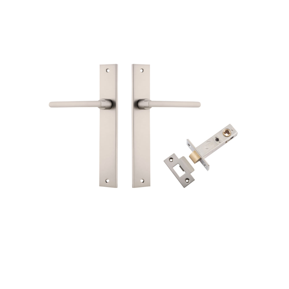 Pair of Iver Baltimore lever handles on rectangular backplates, featuring sleek modern design for doors.