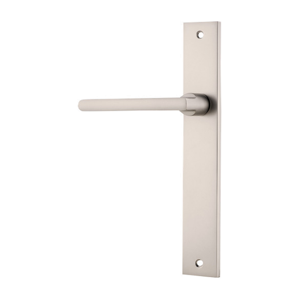 Door Lever Baltimore Rectangular Latch Left Hand Fixed Satin Nickel L118xP54mm BPH240xW38mm in Satin Nickel