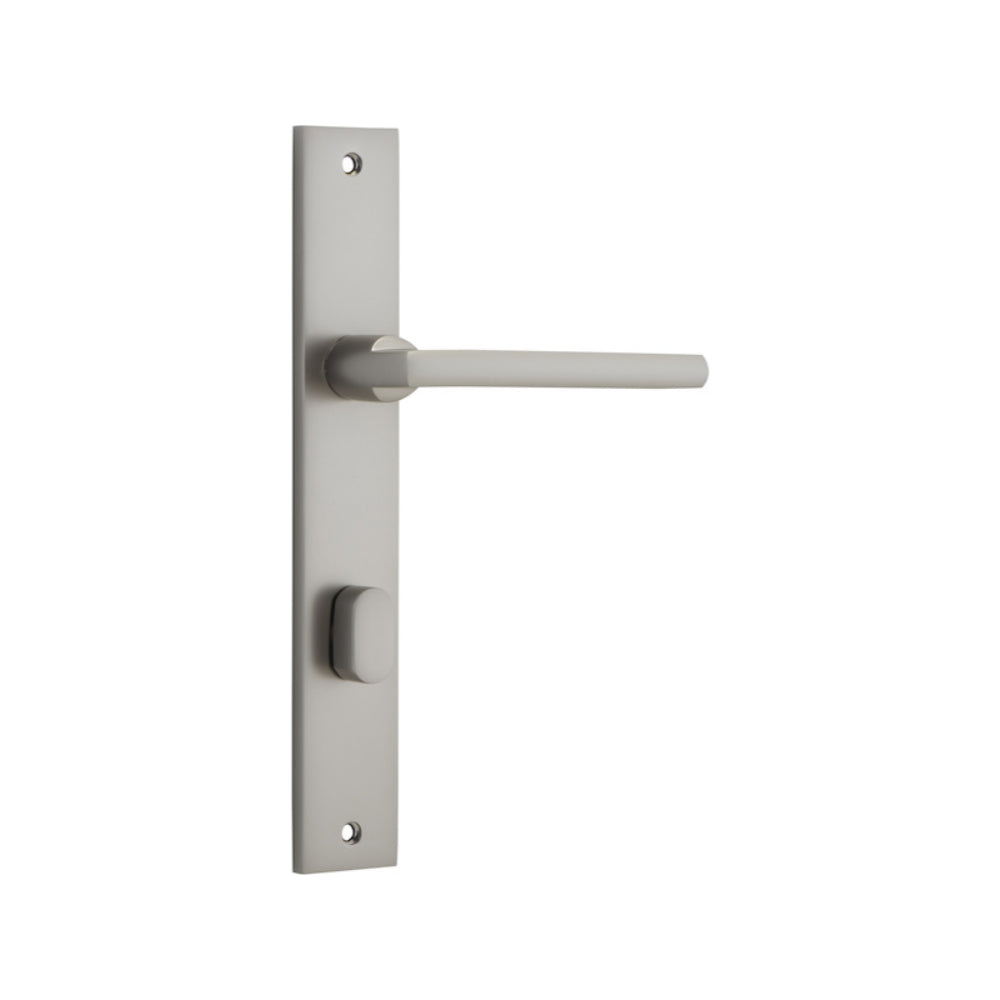 Pair of Iver Baltimore lever door handles on rectangular backplates, showcasing sleek metal finish and modern design.