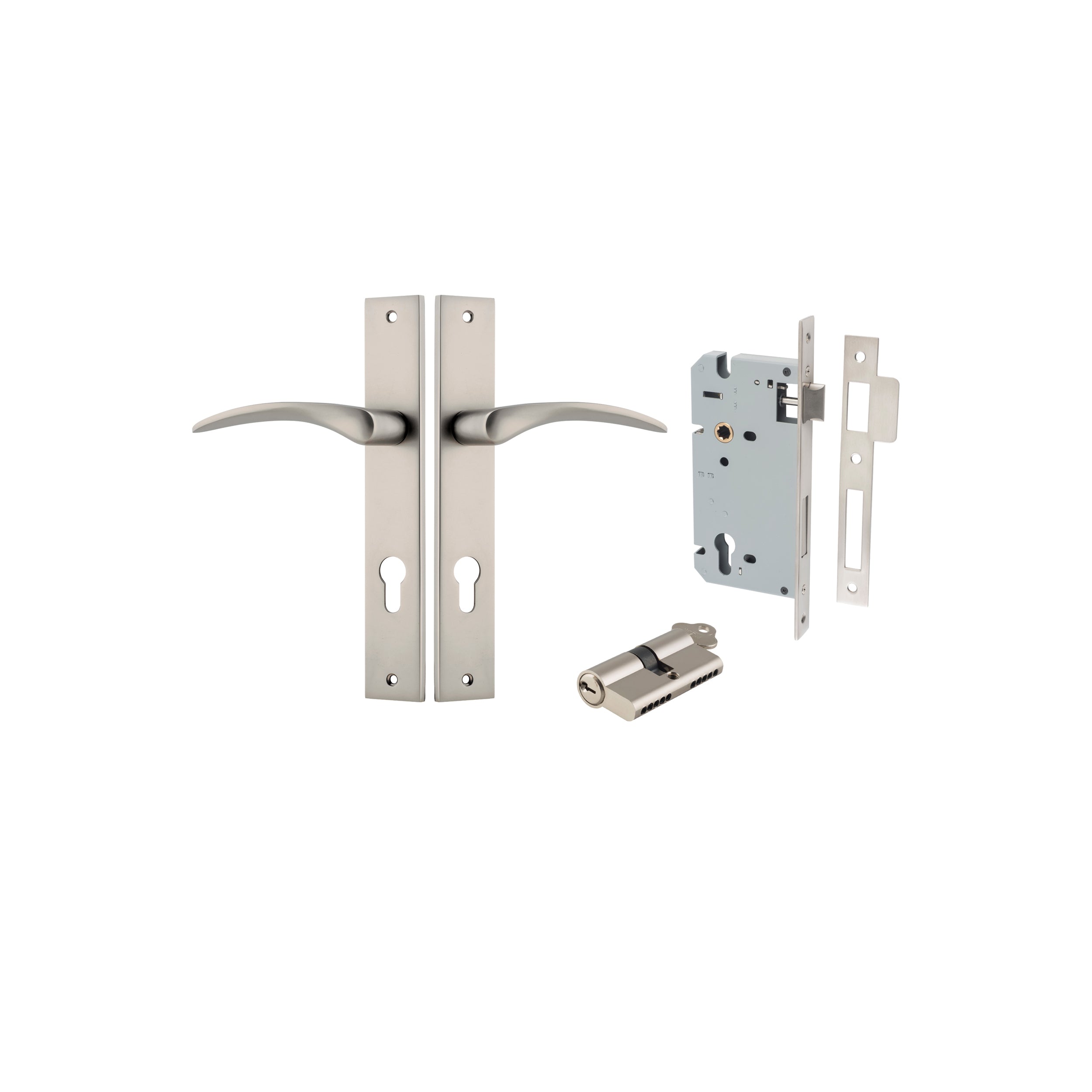 Door Lever Oxford Rectangular Euro Satin Nickel CTC85mm H240xW38xP60mm Entrance Kit, Mortice Lock Euro Satin Nickel CTC85mm Backset 60mm, Euro Cylinder Dual Function 5 Pin Satin Nickel L65mm KA1 in Satin Nickel