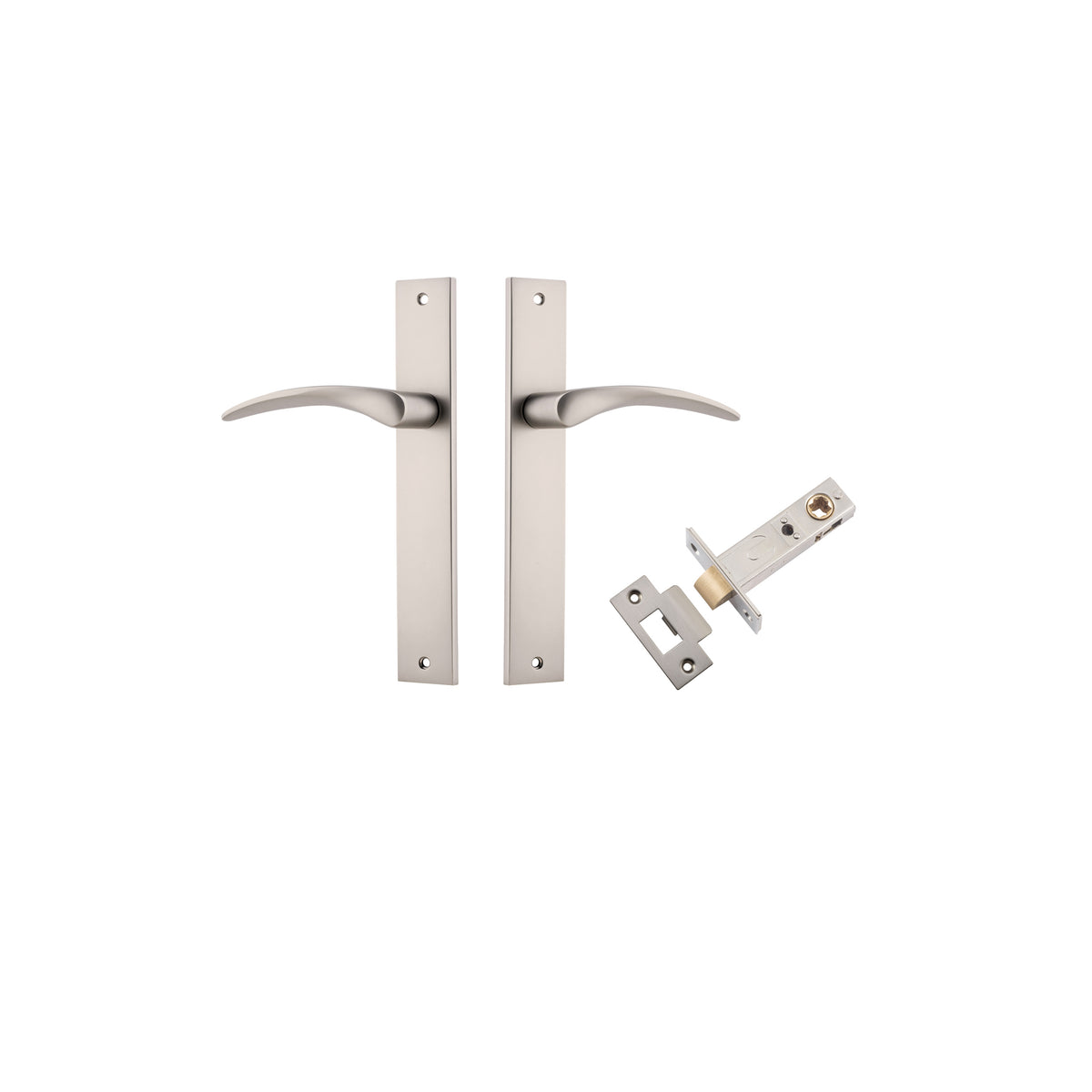 Door Lever Oxford Rectangular Latch Satin Nickel H240xW38xP60mm Passage Kit, Tube Latch Split Cam 'T' Striker Satin Nickel Backset 60mm in Satin Nickel