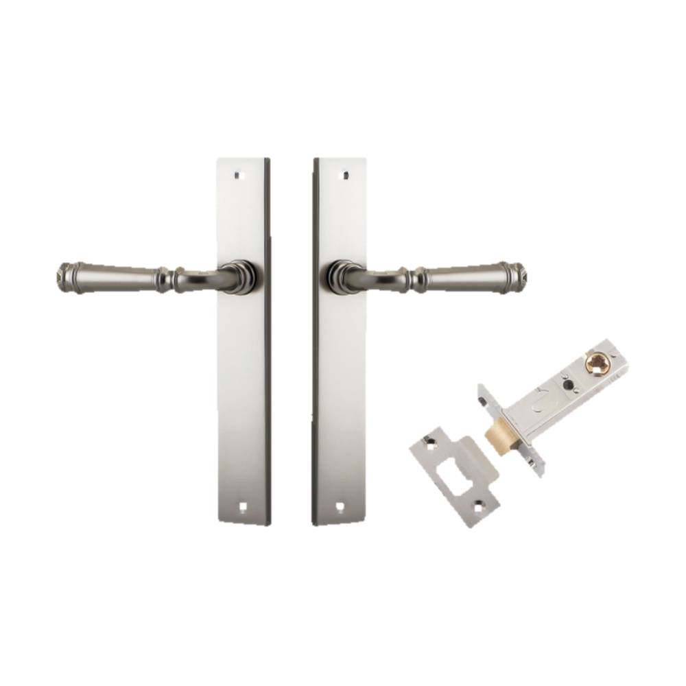 Door Lever Verona Rectangular Latch Satin Nickel H240xW38xP59mm Passage Kit, Tube Latch Split Cam 'T' Striker Satin Nickel Backset 60mm in Satin Nickel