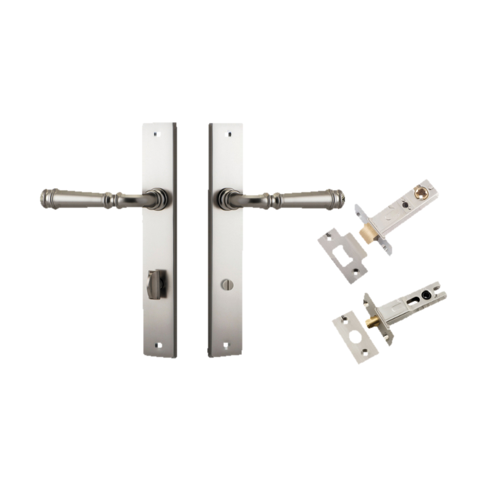 Door Lever Verona Rectangular Privacy Satin Nickel CTC85mm H240xW38xP59mm Inbuilt Privacy Kit, Tube Latch Split Cam 'T' Striker Satin Nickel Backset 60mm, Privacy Bolt Round Bolt Satin Nickel Backset 60mm in Satin Nickel