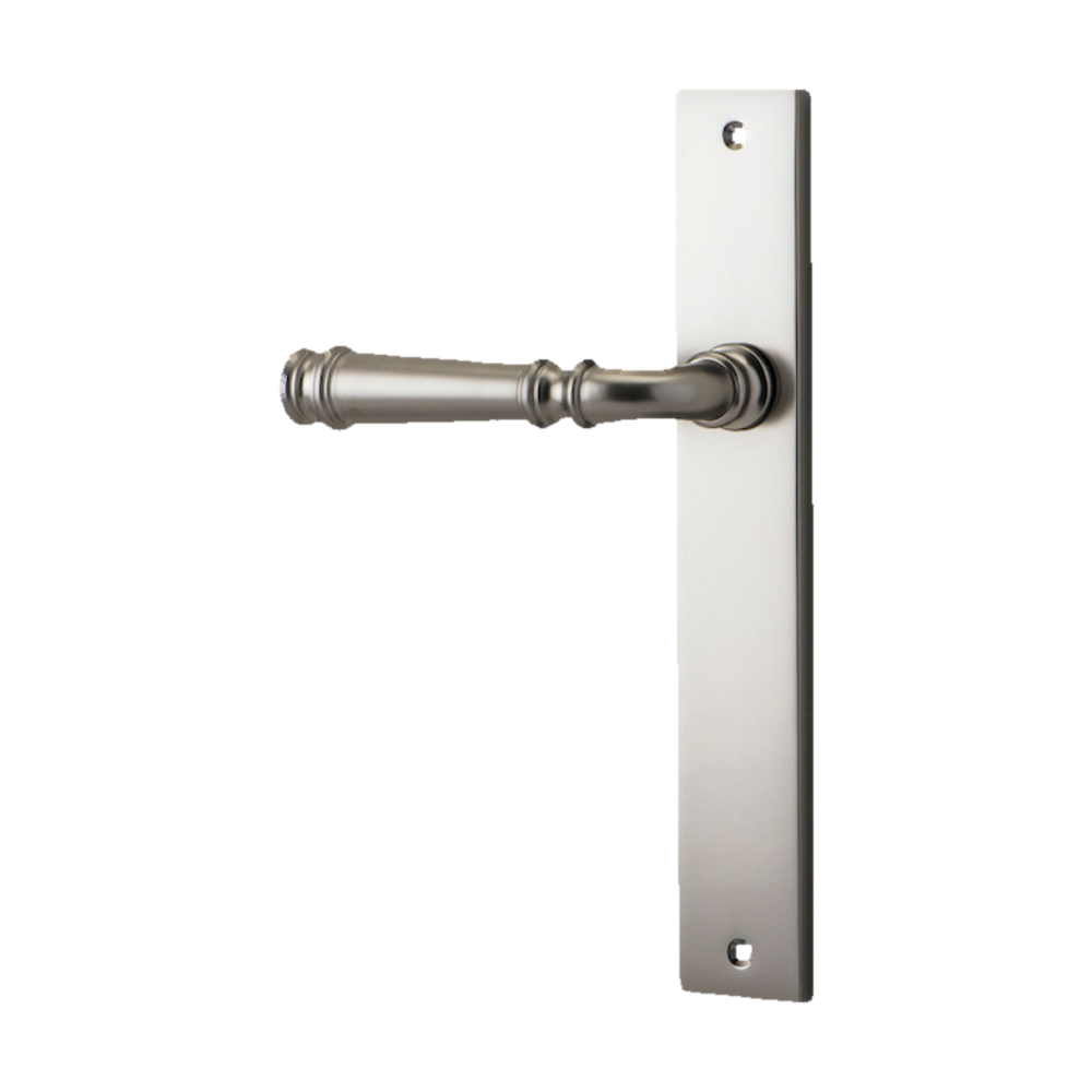 Door Lever Verona Rectangular Latch Left Hand Fixed Satin Nickel L122xP56mm BPH240xW38mm in Satin Nickel