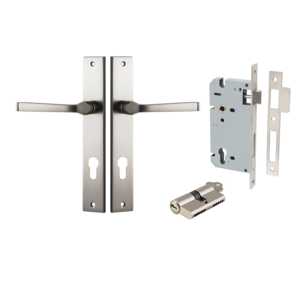 Pair of Iver Annecy lever door handles on rectangular backplates, featuring sleek, modern design in a polished finish.