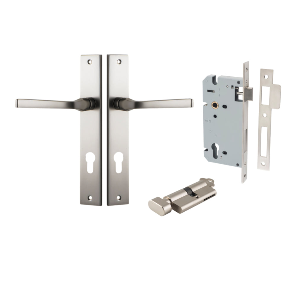 Door Lever Annecy Rectangular Euro Satin Nickel CTC85mm H240xW38xP65mm Entrance Kit, Mortice Lock Euro Satin Nickel CTC85mm Backset 60mm, Euro Cylinder Key Thumb 6 Pin Satin Nickel L70mm KA1 in Satin Nickel