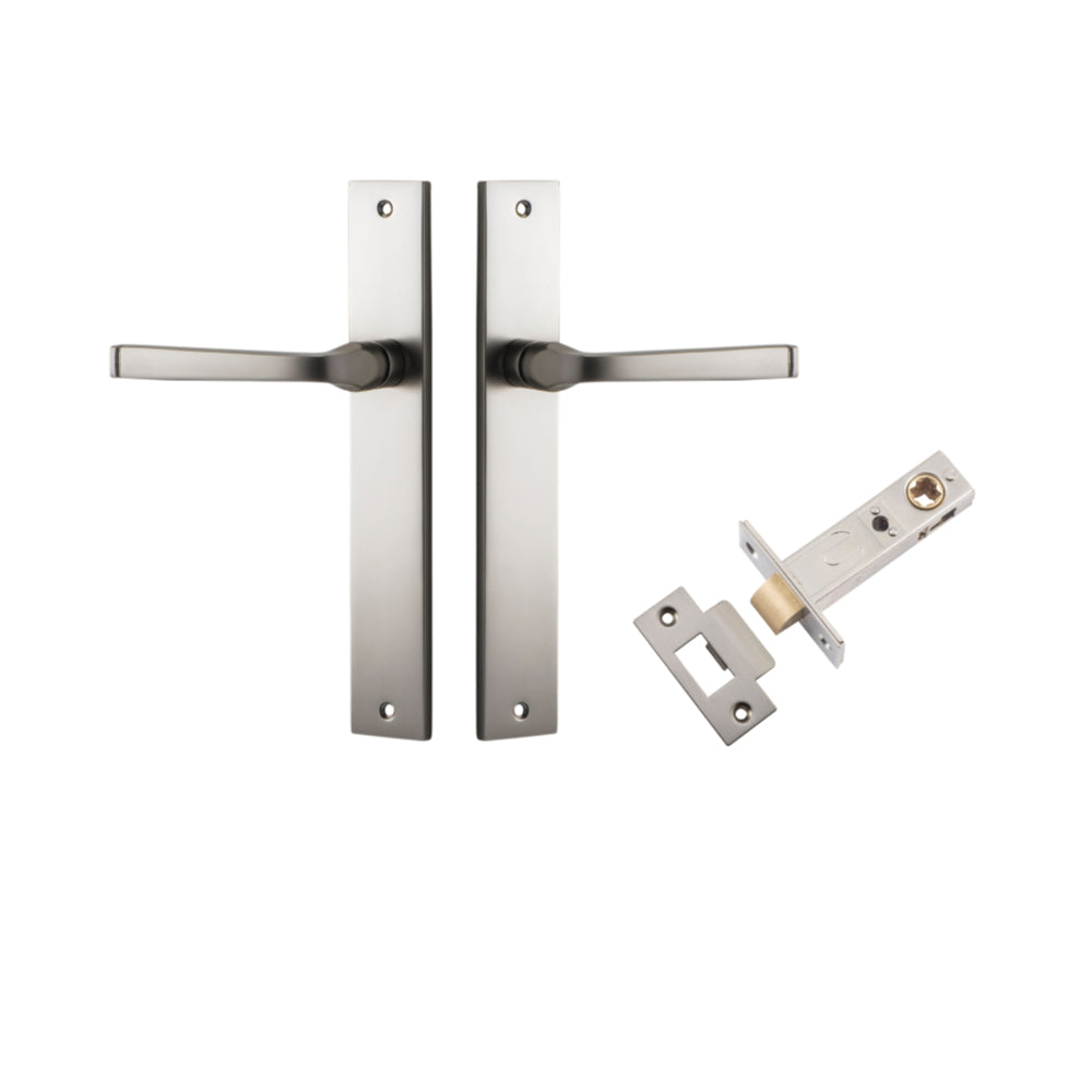 Door Lever Annecy Rectangular Latch Satin Nickel H240xW38xP65mm Passage Kit, Tube Latch Split Cam 'T' Striker Satin Nickel Backset 60mm in Satin Nickel