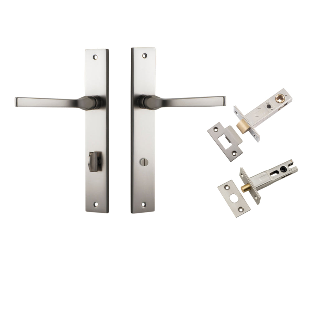 Door Lever Annecy Rectangular Privacy Satin Nickel CTC85mm H240xW38xP65mm Inbuilt Privacy Kit, Tube Latch Split Cam 'T' Striker Satin Nickel Backset 60mm, Privacy Bolt Round Bolt Satin Nickel Backset 60mm in Satin Nickel