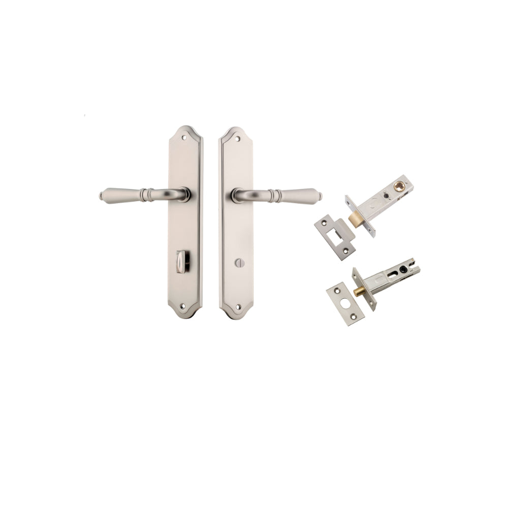 Door Lever Sarlat Shouldered Privacy Satin Nickel CTC85mm H250xW48xP57mm Privacy Kit Tube Latch Split Cam 'T' Striker Satin Nickel Backset 60mm, Privacy Bolt Round Bolt Satin Nickel Backset 60mm in Satin Nickel