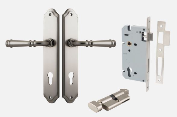 Door Lever Verona Shouldered Euro Satin Nickel CTC85mm H240xW50xP59mm Entrance Kit Mortice Lock Euro Satin Nickel CTC85mm Backset 60mm, Euro Cylinder Key Thumb 6 Pin Satin Nickel L70mm KA1 in Satin Nickel