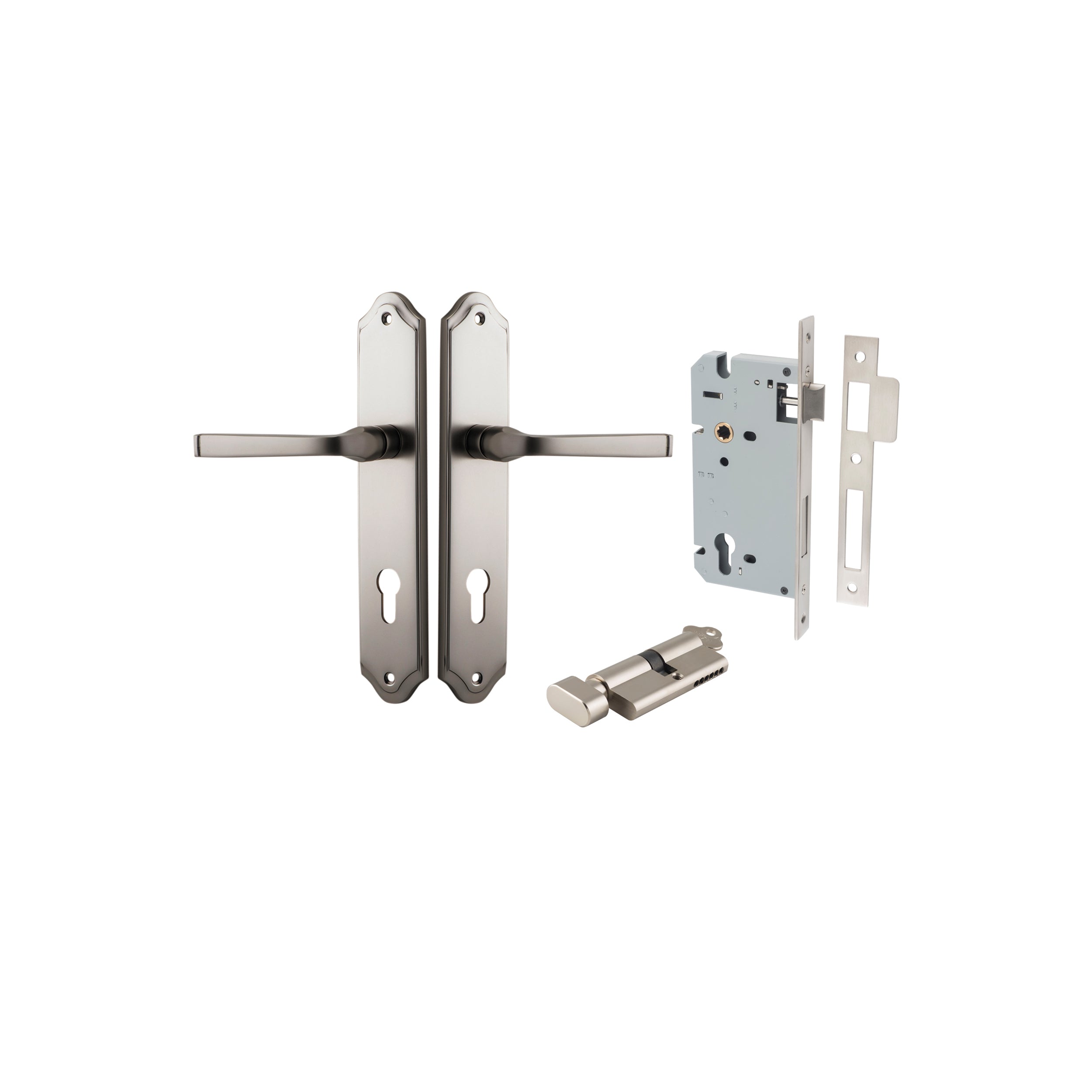 Door Lever Annecy Shouldered Euro Satin Nickel CTC85mm H240xW50xP65mm Entrance Kit Mortice Lock Euro Satin Nickel CTC85mm Backset 60mm, Euro Cylinder Key Thumb 6 Pin Satin Nickel L70mm KA1 in Satin Nickel
