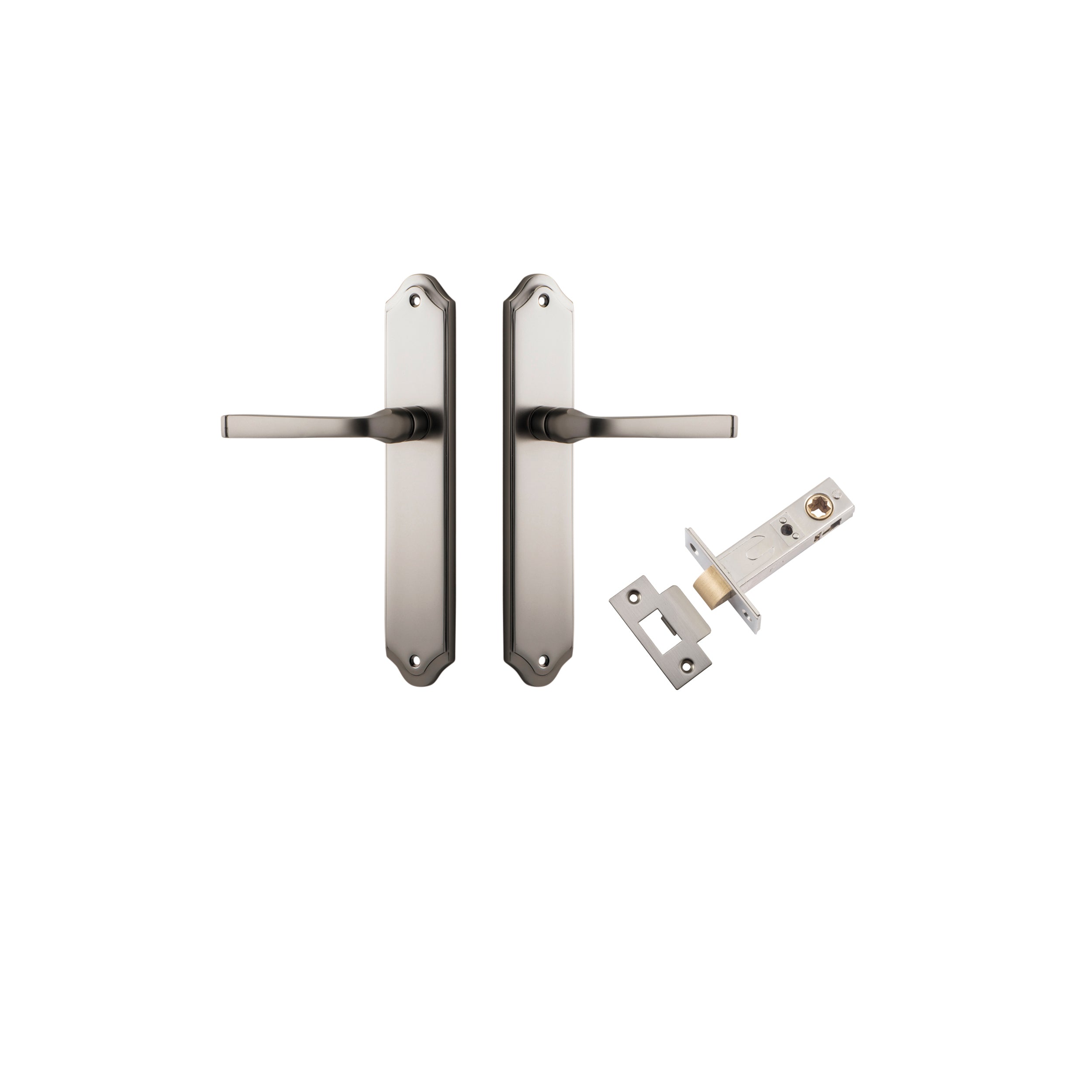 Door Lever Annecy Shouldered Latch Satin Nickel H240xW50xP65mm Passage Kit Tube Latch Split Cam 'T' Striker Satin Nickel Backset 60mm in Satin Nickel