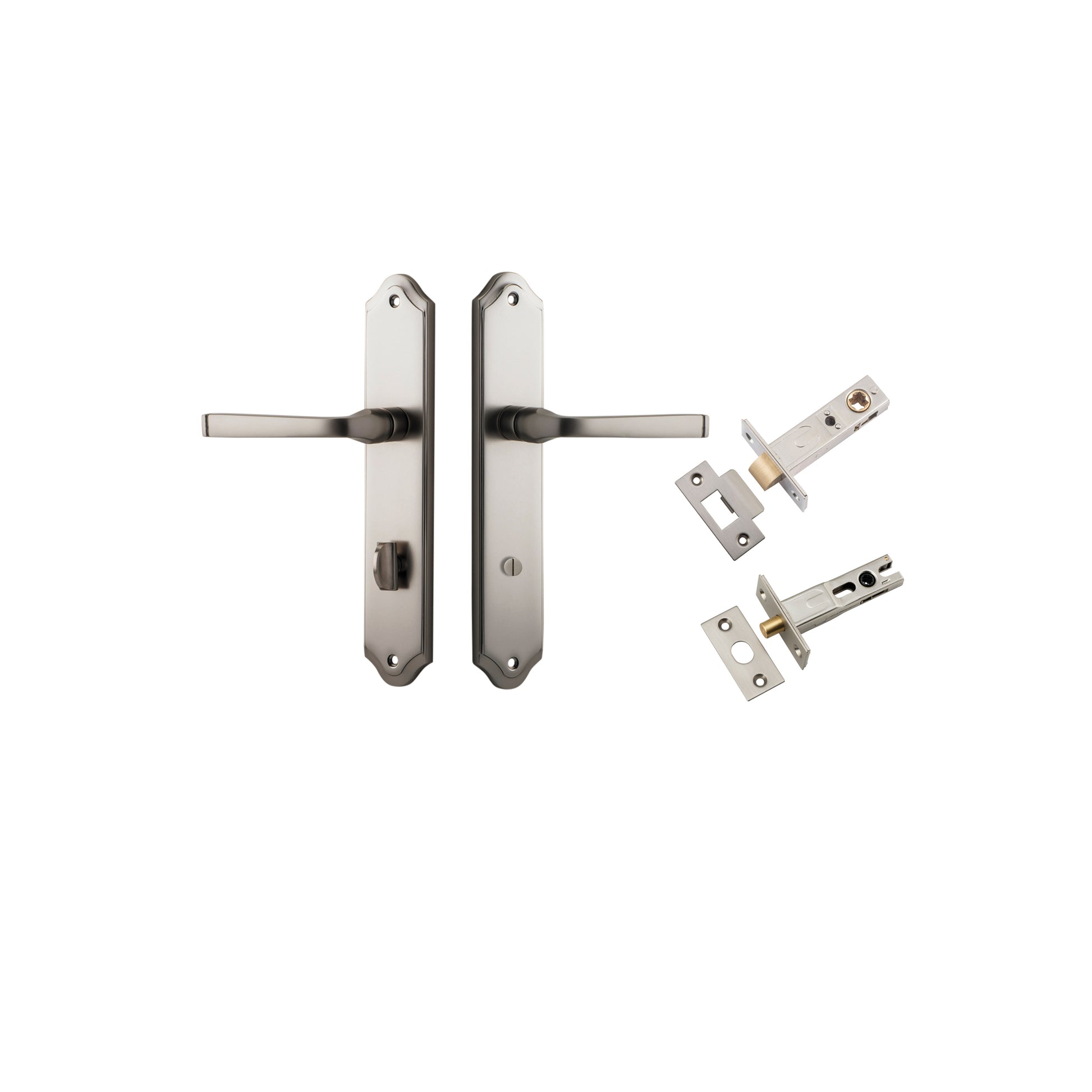 Door Lever Annecy Shouldered Privacy Satin Nickel CTC85mm H240xW50xP65mm Inbuilt Privacy Kit Tube Latch Split Cam 'T' Striker Satin Nickel Backset 60mm, Privacy Bolt Round Bolt Satin Nickel Backset 60mm in Satin Nickel