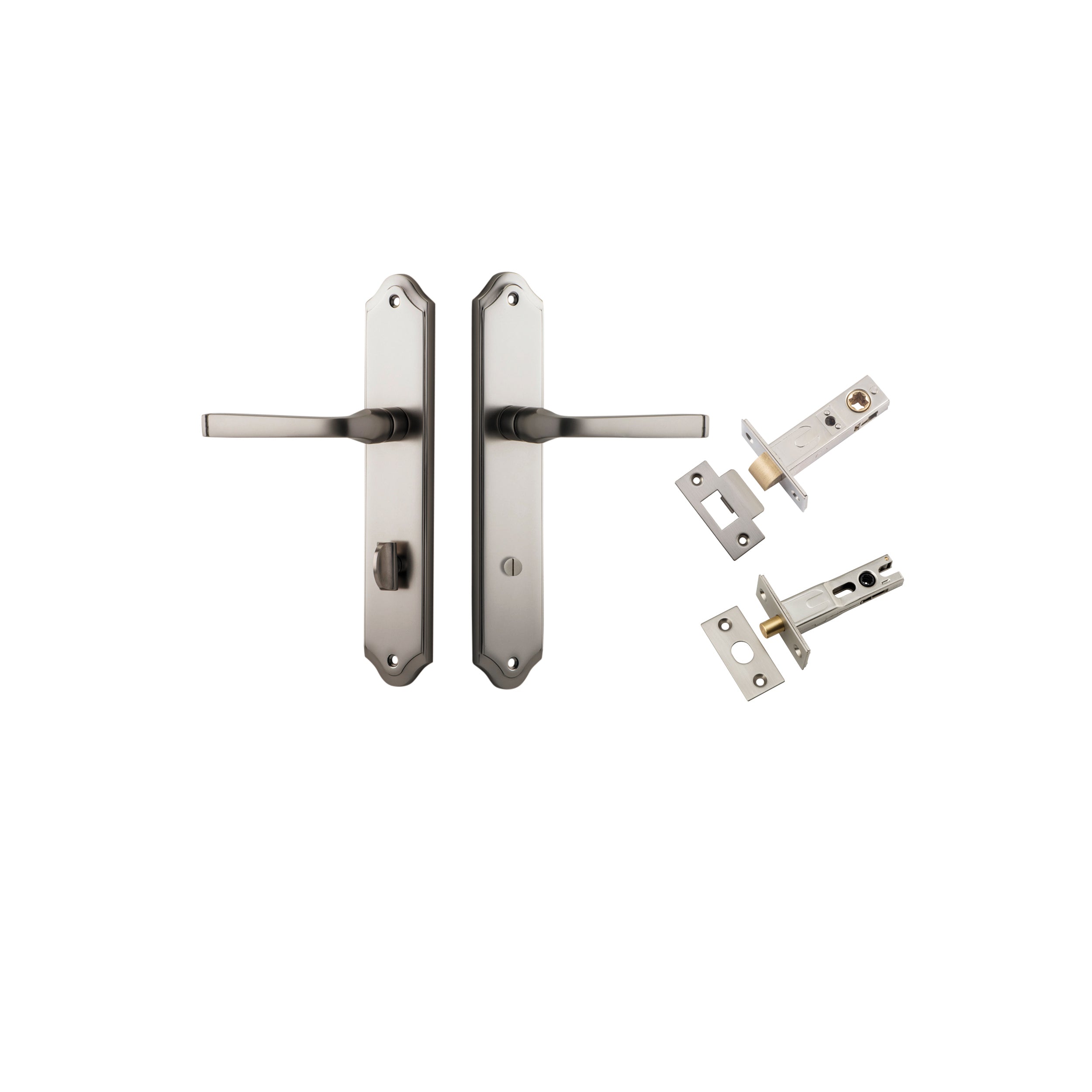 Door Lever Annecy Shouldered Privacy Satin Nickel CTC85mm H240xW50xP65mm Inbuilt Privacy Kit Tube Latch Split Cam 'T' Striker Satin Nickel Backset 60mm, Privacy Bolt Round Bolt Satin Nickel Backset 60mm in Satin Nickel