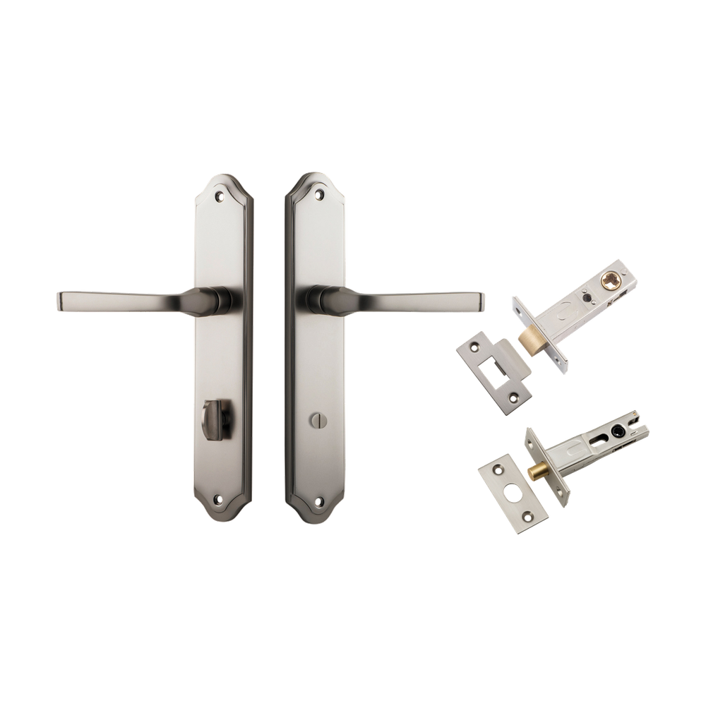 Door Lever Annecy Shouldered Privacy Satin Nickel CTC85mm H240xW50xP65mm Inbuilt Privacy Kit Tube Latch Split Cam 'T' Striker Satin Nickel Backset 60mm, Privacy Bolt Round Bolt Satin Nickel Backset 60mm in Satin Nickel