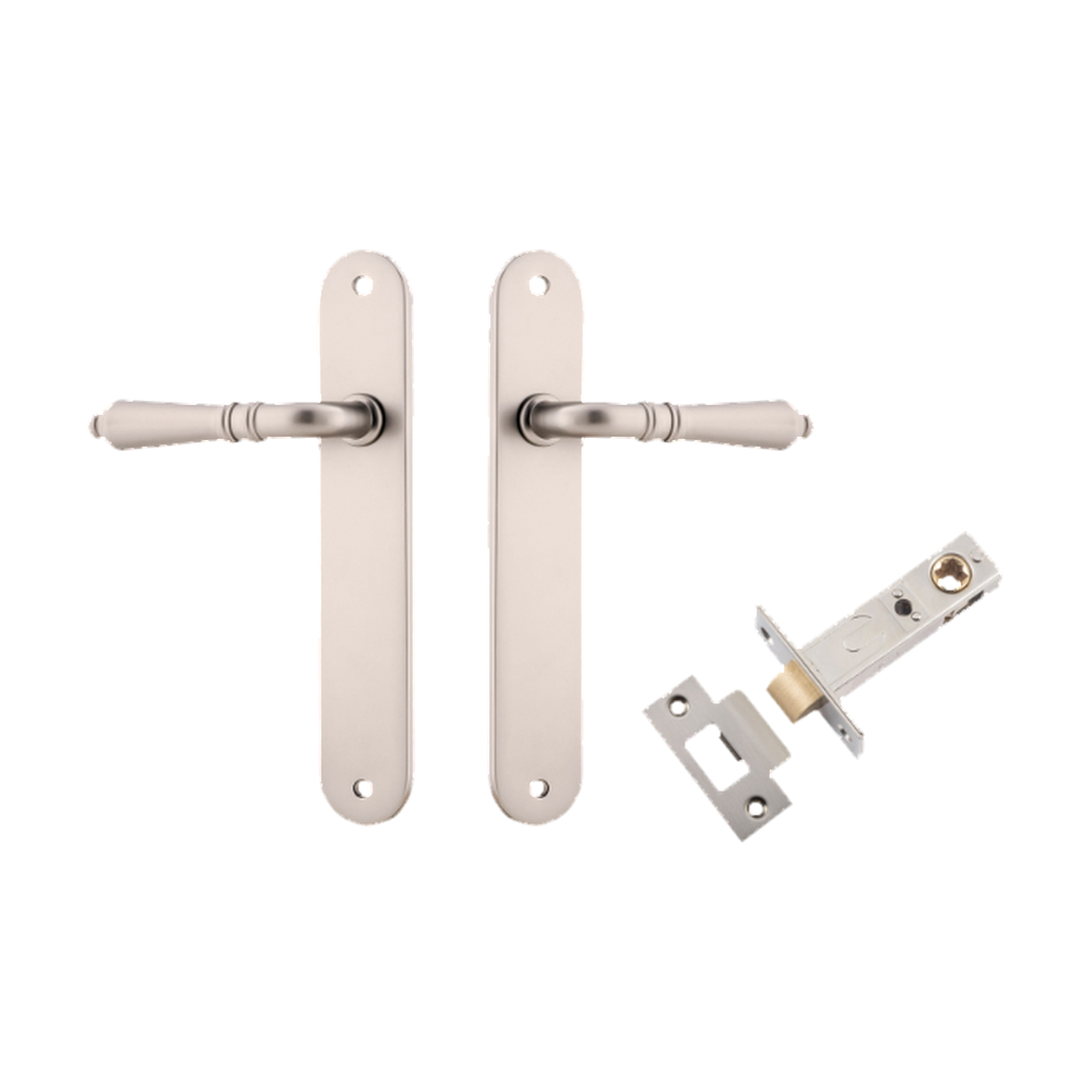 Door Lever Sarlat Oval Latch Satin Nickel H240xW40xP55mm Passage Kit Tube Latch Split Cam 'T' Striker Satin Nickel Backset 60mm in Satin Nickel