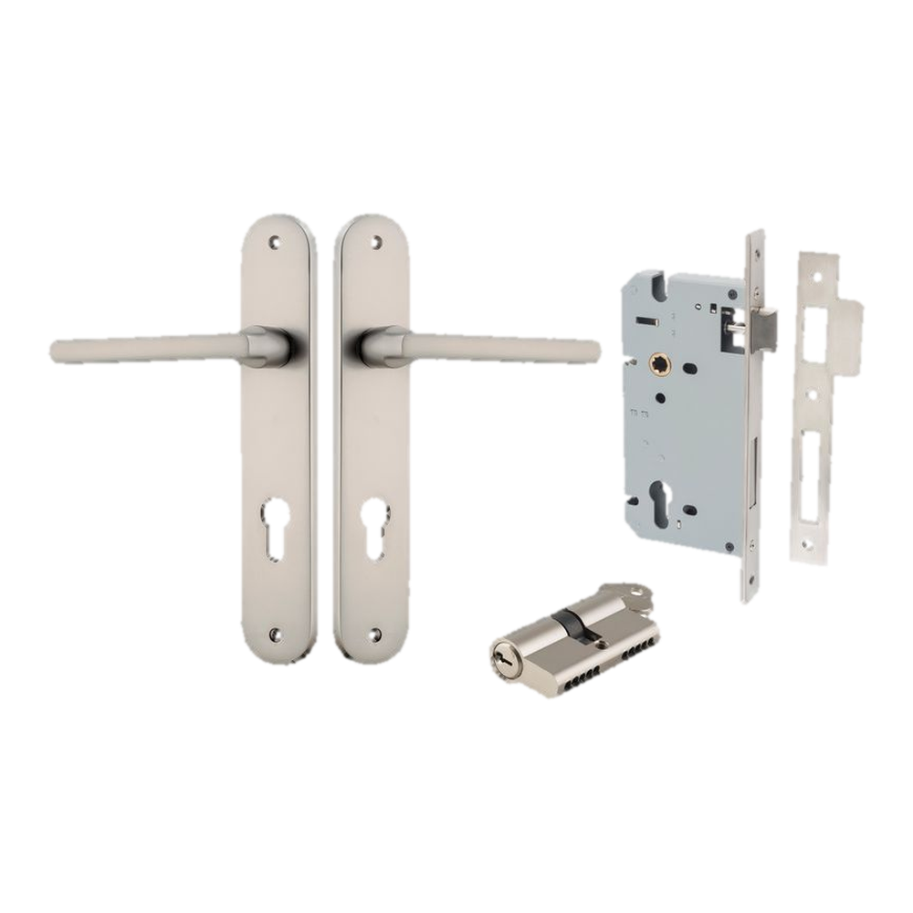 Door Lever Baltimore Oval Euro Satin Nickel CTC85mm H240xW40xP55mm Entrance Kit Mortice Lock Euro Satin Nickel CTC85mm Backset 60mm, Euro Cylinder Dual Function 5 Pin Satin Nickel L65mm KA1 in Satin Nickel