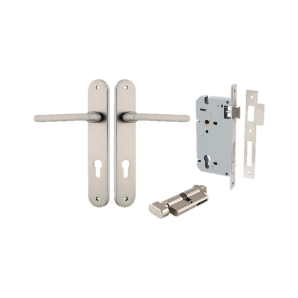 Door Lever Baltimore Oval Euro Satin Nickel CTC85mm H240xW40xP55mm Entrance Kit Mortice Lock Euro Satin Nickel CTC85mm Backset 60mm, Euro Cylinder Key Thumb 6 Pin Satin Nickel L70mm KA1 in Satin Nickel