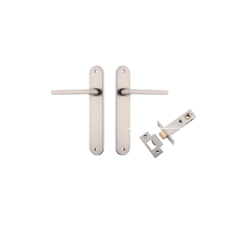Pair of Iver Baltimore lever door handles on oval backplates, featuring sleek metal finish and modern design.