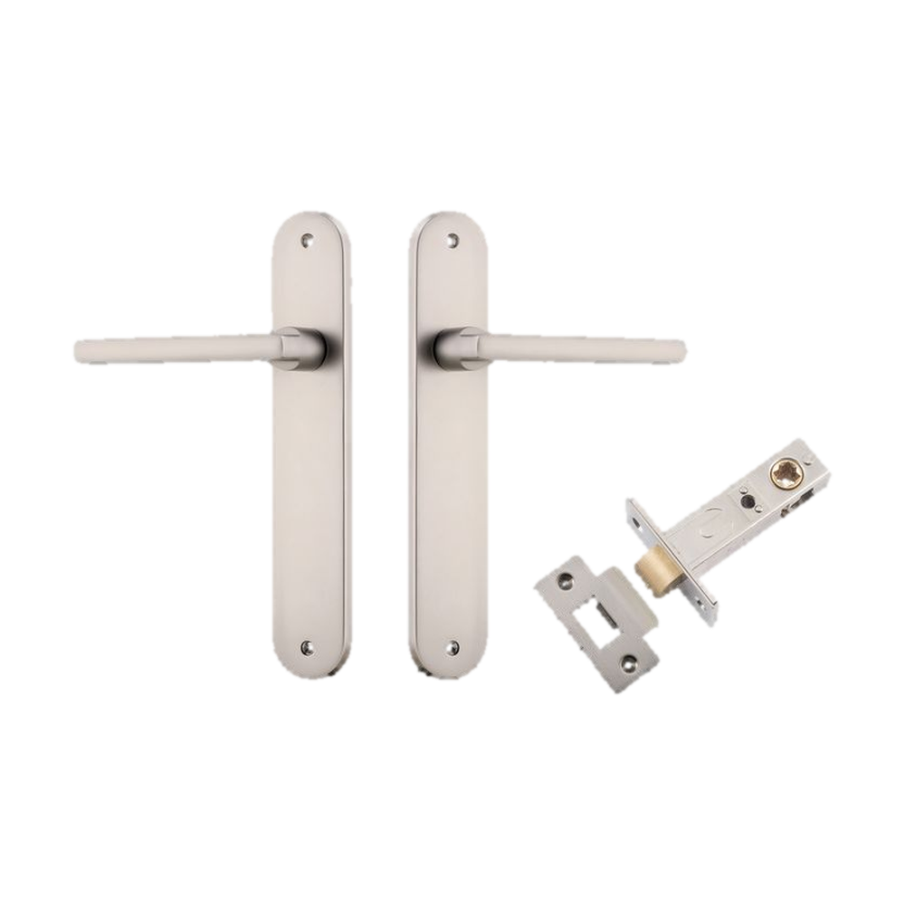 Door Lever Baltimore Oval Latch Satin Nickel H240xW40xP55mm Passage Kit Tube Latch Split Cam 'T' Striker Satin Nickel Backset 60mm in Satin Nickel