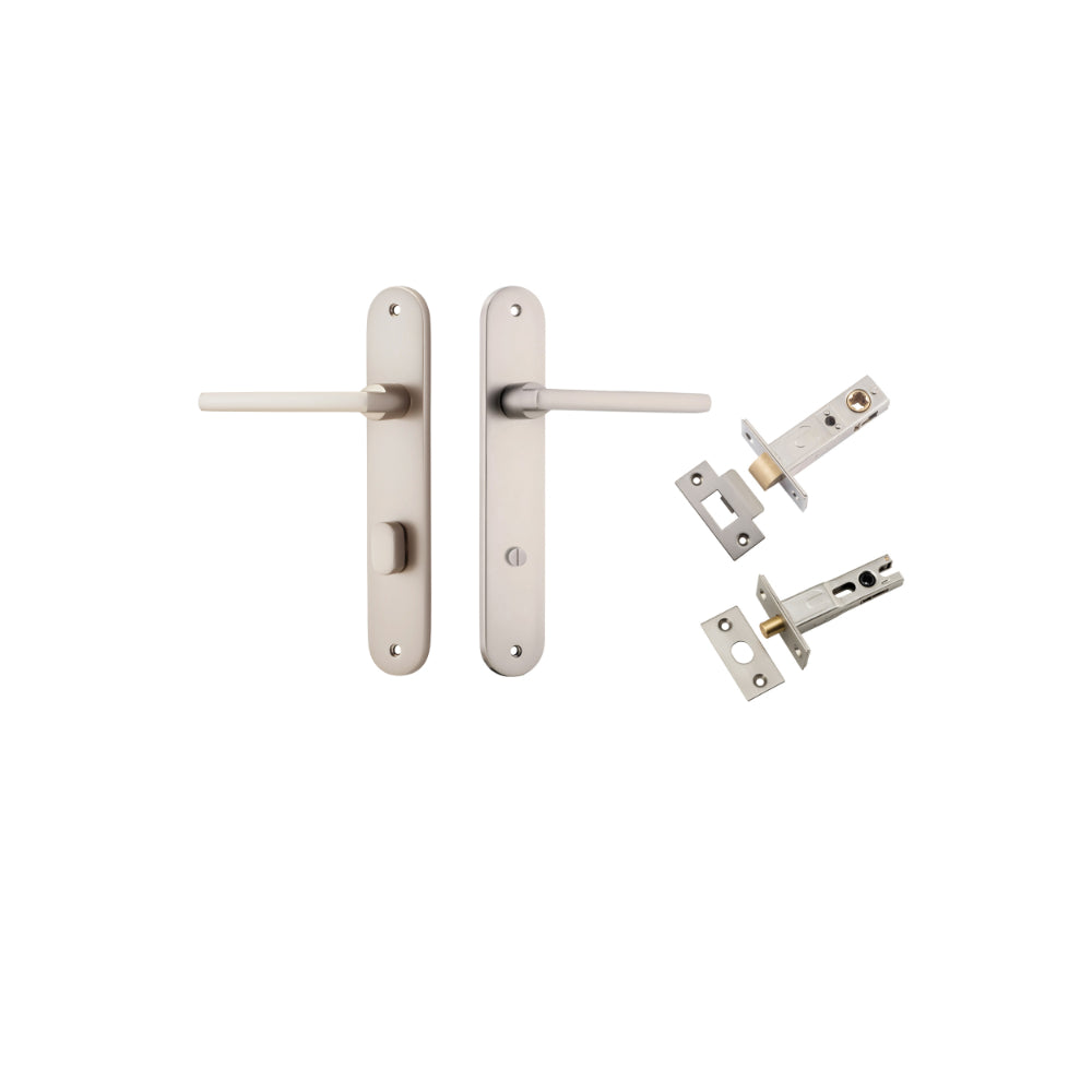 Door Lever Baltimore Oval Privacy Satin Nickel CTC85mm H240xW40xP55mm Inbuilt Privacy Kit Tube Latch Split Cam 'T' Striker Satin Nickel Backset 60mm, Privacy Bolt Round Bolt Satin Nickel Backset 60mm in Satin Nickel