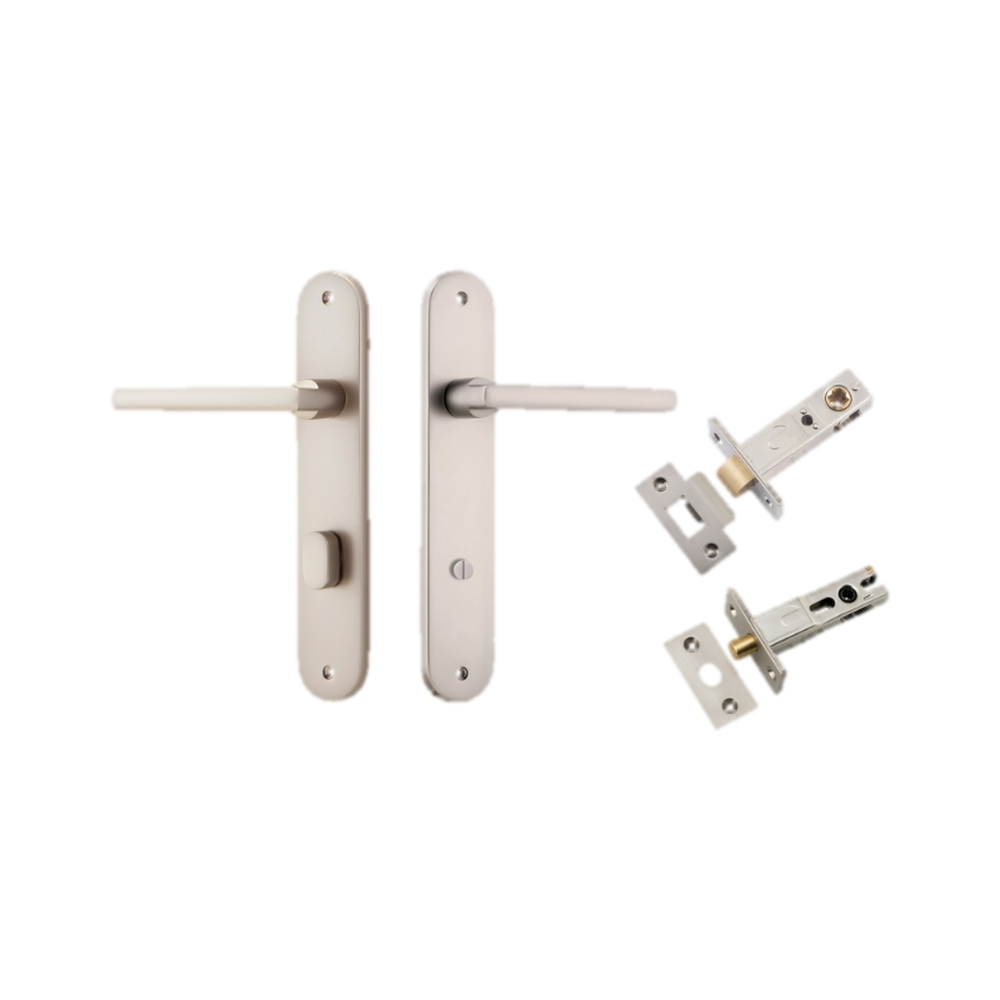 Door Lever Baltimore Oval Privacy Satin Nickel CTC85mm H240xW40xP55mm Inbuilt Privacy Kit Tube Latch Split Cam 'T' Striker Satin Nickel Backset 60mm, Privacy Bolt Round Bolt Satin Nickel Backset 60mm in Satin Nickel