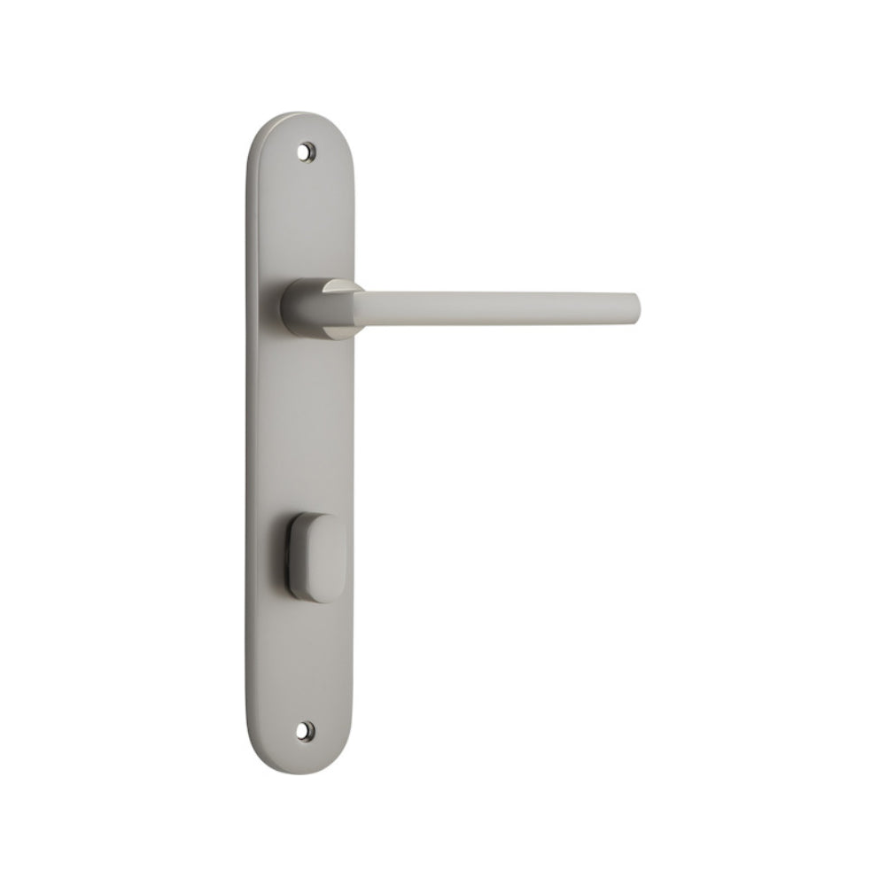 Pair of Iver Baltimore lever door handles on oval backplates, featuring a sleek, modern design in a polished finish.