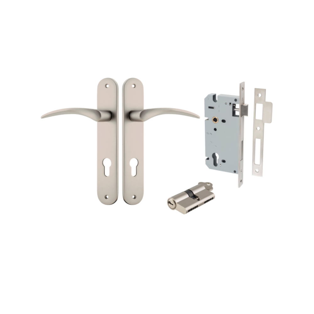 Door Lever Oxford Oval Euro Satin Nickel CTC85mm H240xW40xP60mm Entrance Kit Mortice Lock Euro Satin Nickel CTC85mm Backset 60mm, Euro Cylinder Dual Function 5 Pin Satin Nickel L65mm KA1 in Satin Nickel