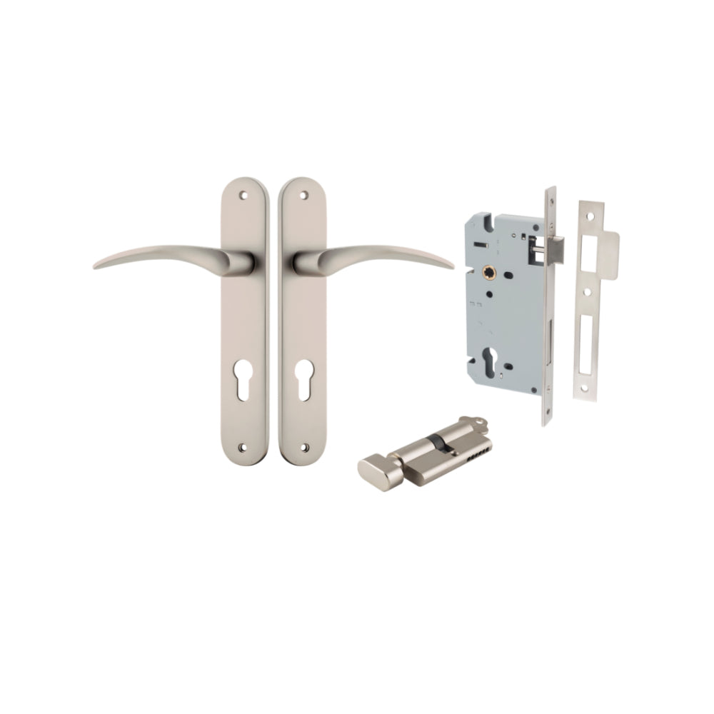 Door Lever Oxford Oval Euro Satin Nickel CTC85mm H240xW40xP60mm Entrance Kit Mortice Lock Euro Satin Nickel CTC85mm Backset 60mm, Euro Cylinder Key Thumb 6 Pin Satin Nickel L70mm KA1 in Satin Nickel