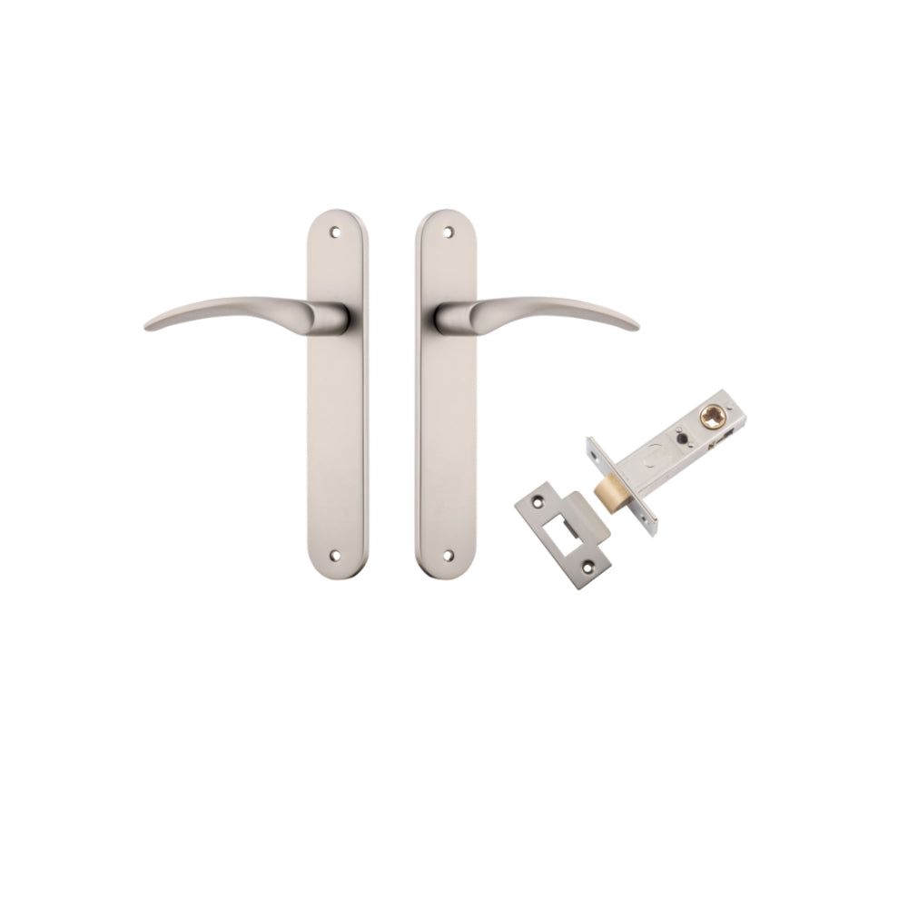 Door Lever Oxford Oval Latch Satin Nickel H240xW40xP60mm Passage Kit Tube Latch Split Cam 'T' Striker Satin Nickel Backset 60mm in Satin Nickel
