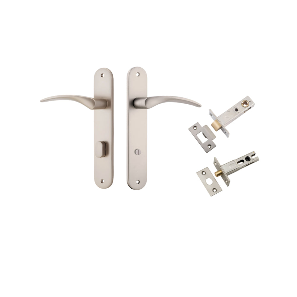 Door Lever Oxford Oval Privacy Satin Nickel CTC85mm H240xW40xP60mm Privacy Kit Tube Latch Split Cam 'T' Striker Satin Nickel Backset 60mm, Privacy Bolt Round Bolt Satin Nickel Backset 60mm in Satin Nickel